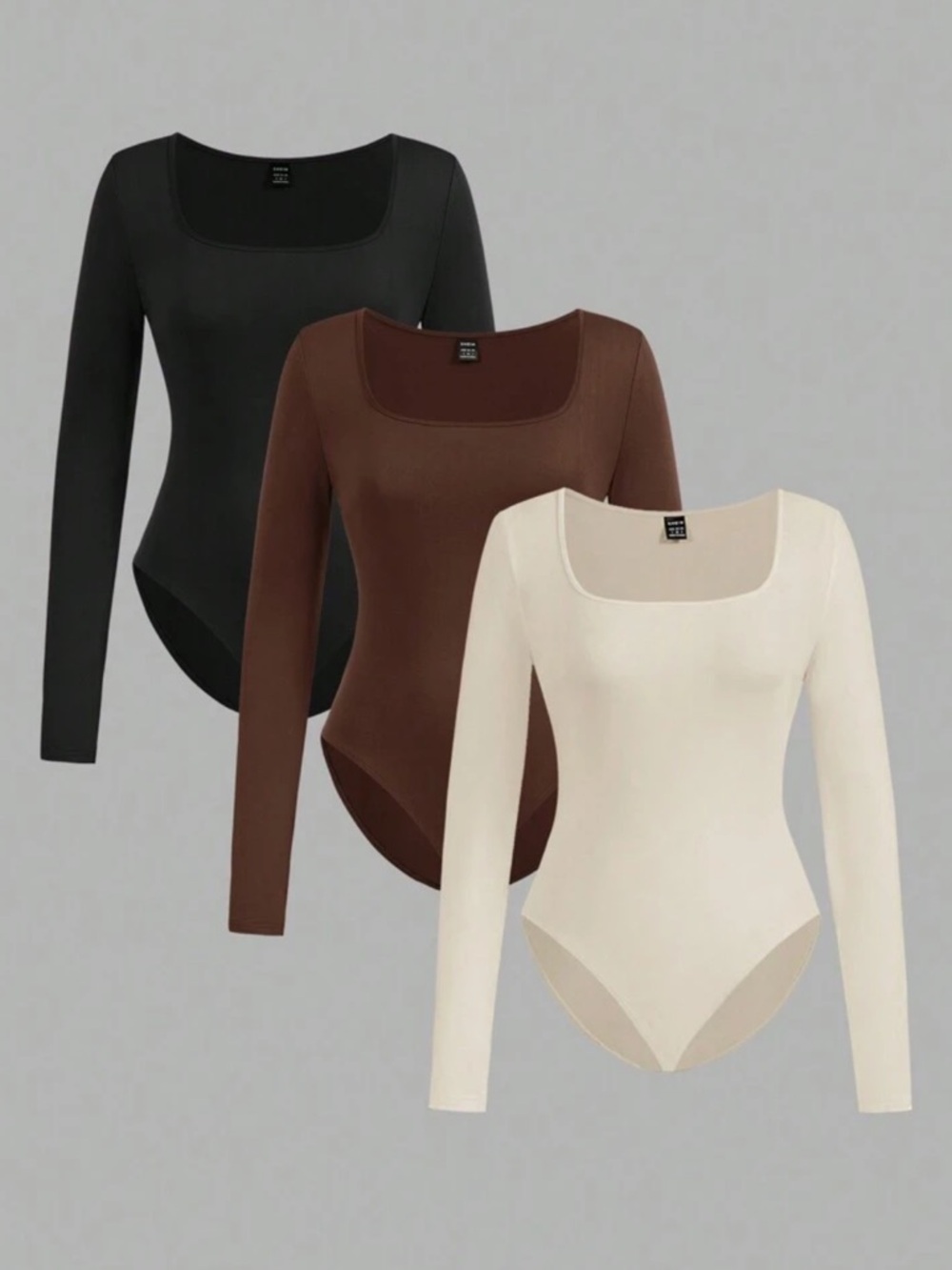 SHEIN Long Sleeve Scoop Neck Bodysuit Set - Black, Brown, Cream